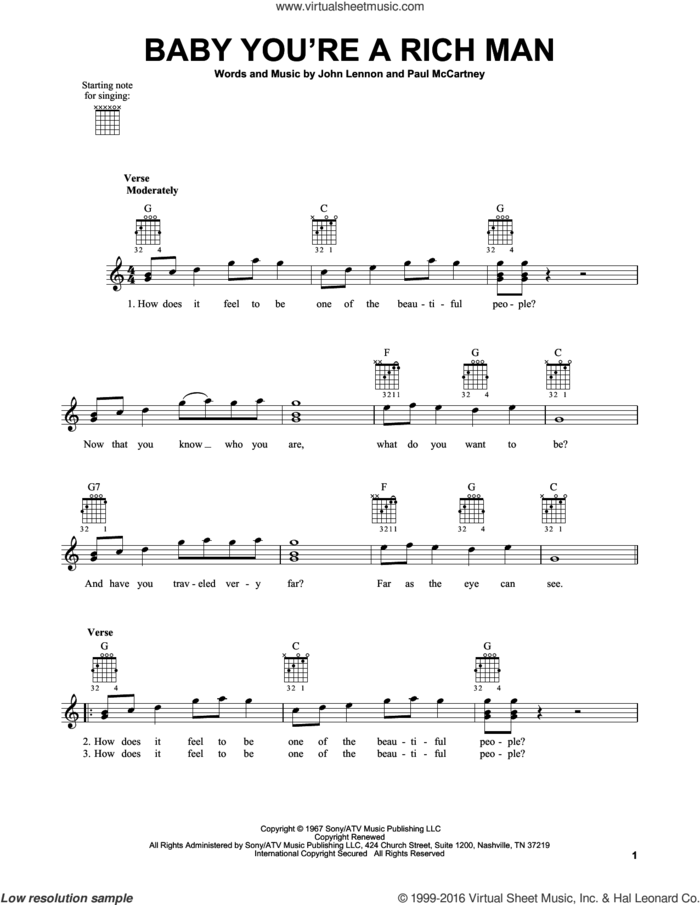 Baby You're A Rich Man sheet music for guitar solo (chords) by The Beatles, John Lennon and Paul McCartney, easy guitar (chords)