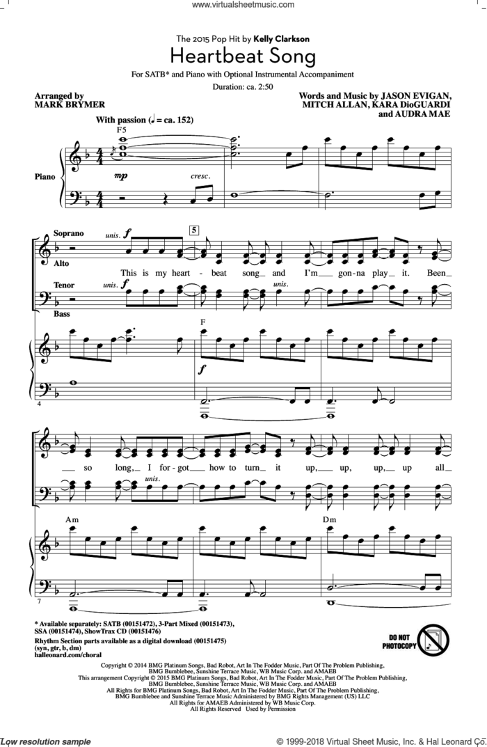 Heartbeat Song (arr. Mark Brymer) sheet music for choir (SATB: soprano, alto, tenor, bass) by Kara DioGuardi, Mark Brymer, Kelly Clarkson, Audra Mae, Jason Evigan and Mitch Allan, intermediate skill level