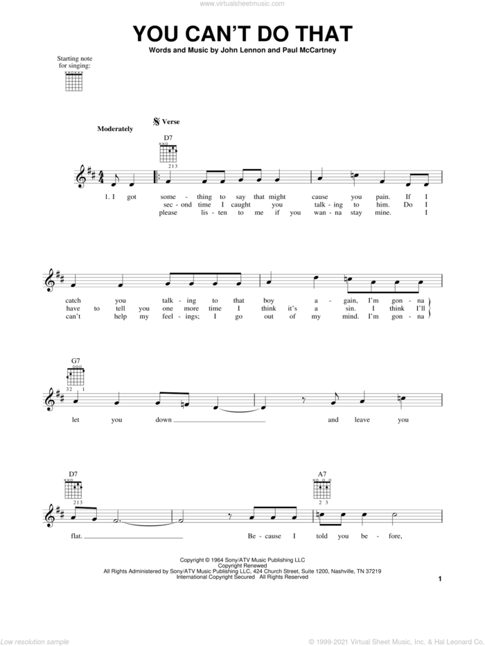 You Can't Do That sheet music for guitar solo (chords) by The Beatles, John Lennon and Paul McCartney, easy guitar (chords)