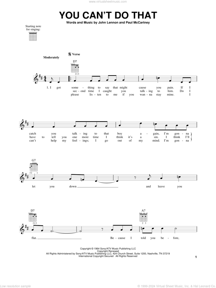 You Can't Do That sheet music for guitar solo (chords) by The Beatles, John Lennon and Paul McCartney, easy guitar (chords)