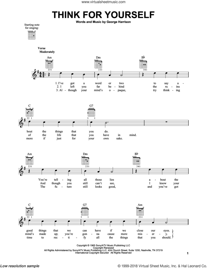 Think For Yourself sheet music for guitar solo (chords) by The Beatles and George Harrison, easy guitar (chords)