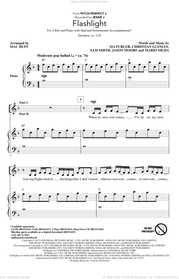 Flashlight (arr. Mac Huff) sheet music for choir (2-Part) by Sam Smith, Mac Huff, Jessie J, Sia, Christian Guzman, Jason Moore, Mario Mejia and Sia Furler, intermediate duet