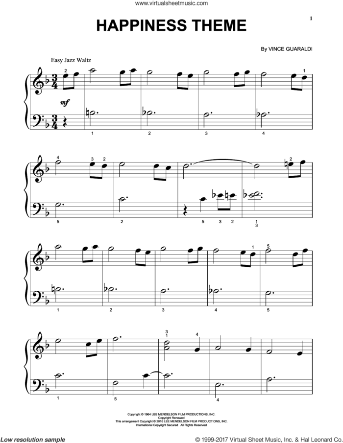Happiness Theme, (beginner) sheet music for piano solo by Vince Guaraldi, beginner skill level
