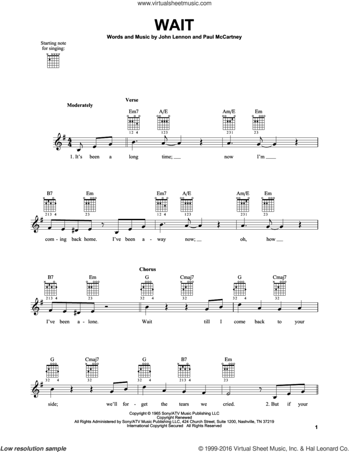 Wait sheet music for guitar solo (chords) by The Beatles, John Lennon and Paul McCartney, easy guitar (chords)