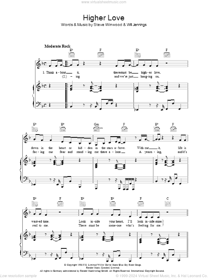 Higher Love sheet music for voice, piano or guitar by Steve Winwood and Will Jennings, intermediate skill level