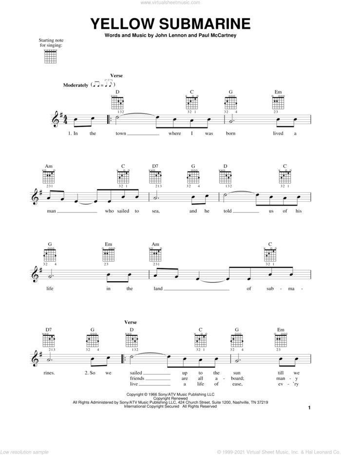 Yellow Submarine sheet music for guitar solo (chords) by The Beatles, John Lennon and Paul McCartney, easy guitar (chords)