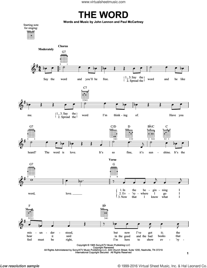 The Word sheet music for guitar solo (chords) by The Beatles, John Lennon and Paul McCartney, easy guitar (chords)