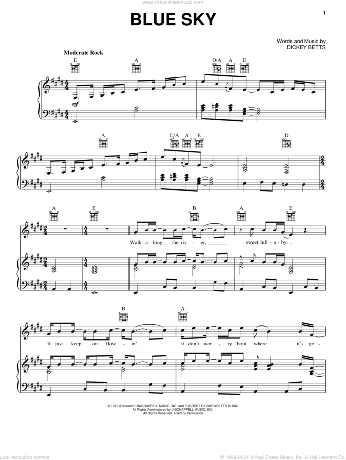 Blue Sky sheet music for voice, piano or guitar by Allman Brothers and Dickey Betts, intermediate skill level