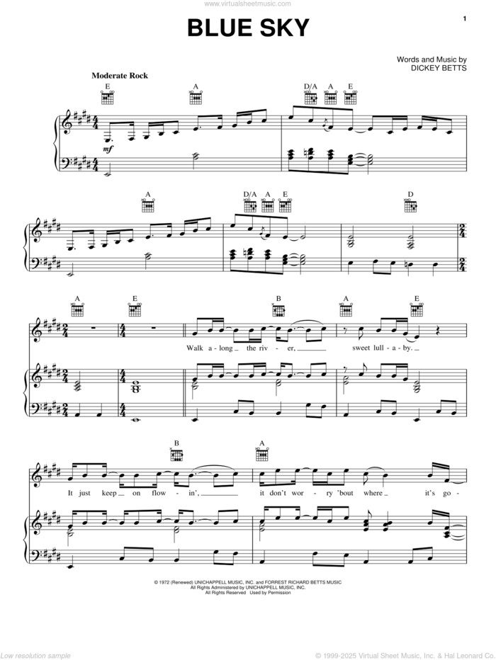 Blue Sky sheet music for voice, piano or guitar by Allman Brothers and Dickey Betts, intermediate skill level