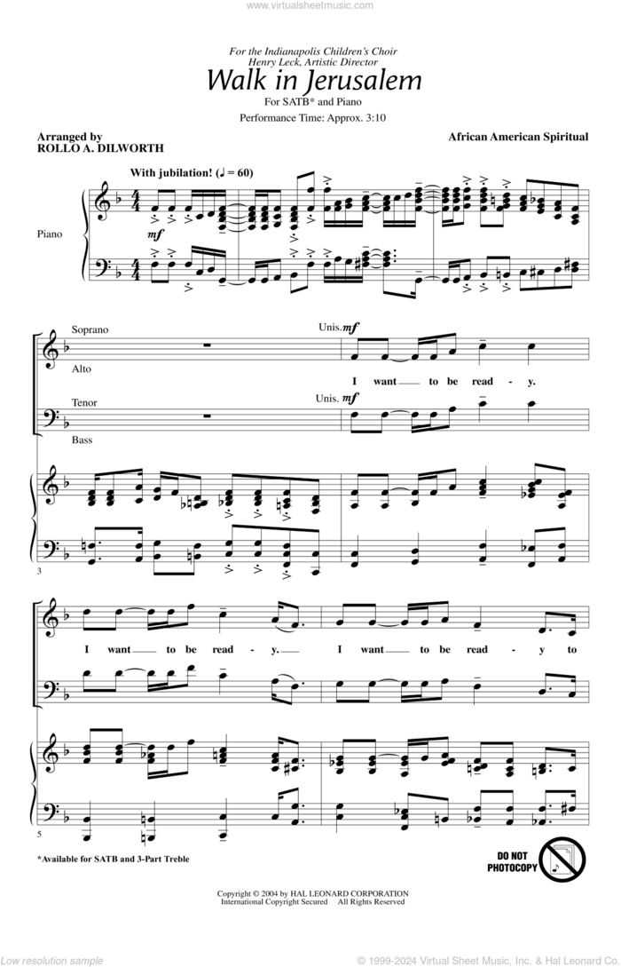 Walk In Jerusalem sheet music for choir (SATB: soprano, alto, tenor, bass) by Rollo Dilworth, intermediate skill level