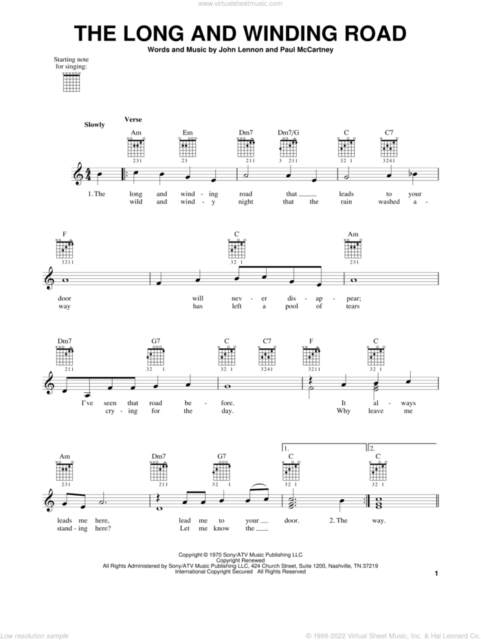 The Long And Winding Road sheet music for guitar solo (chords) by The Beatles, John Lennon and Paul McCartney, easy guitar (chords)