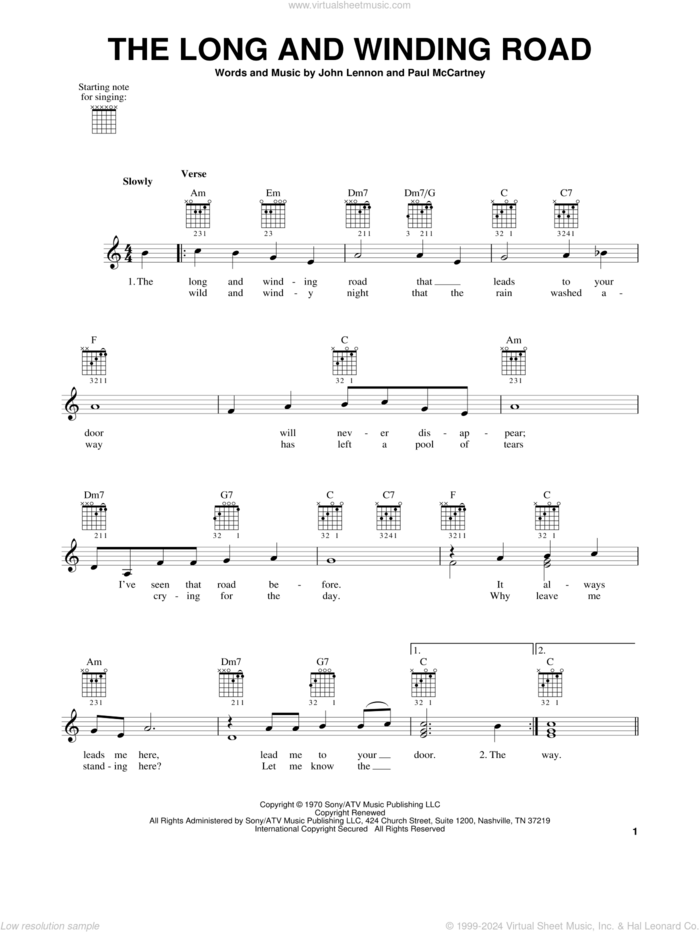 The Long And Winding Road sheet music for guitar solo (chords) by The Beatles, John Lennon and Paul McCartney, easy guitar (chords)