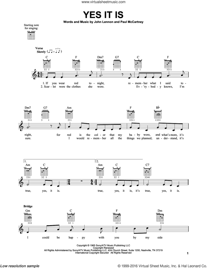 Yes It Is sheet music for guitar solo (chords) by The Beatles, John Lennon and Paul McCartney, easy guitar (chords)