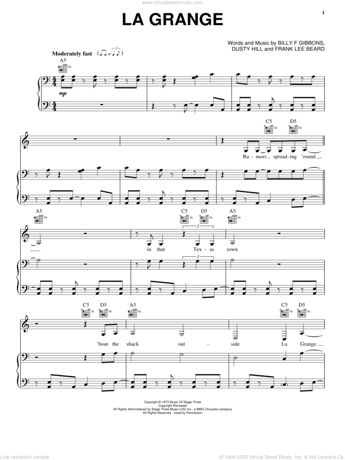 La Grange sheet music for voice, piano or guitar by ZZ Top, Billy Gibbons, Dusty Hill and Frank Beard, intermediate skill level