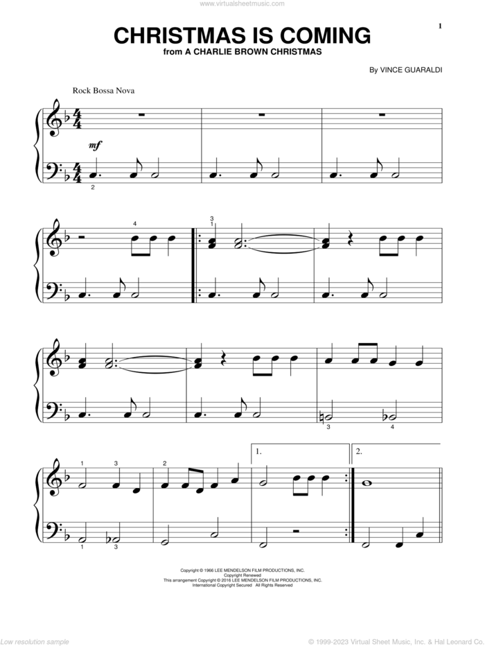 Christmas Is Coming sheet music for piano solo by Vince Guaraldi, beginner skill level