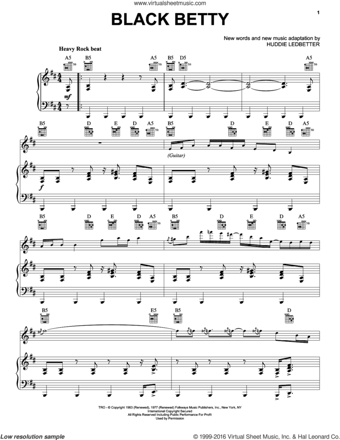 Black Betty sheet music for voice, piano or guitar by Huddie Ledbetter and Ram Jam, intermediate skill level