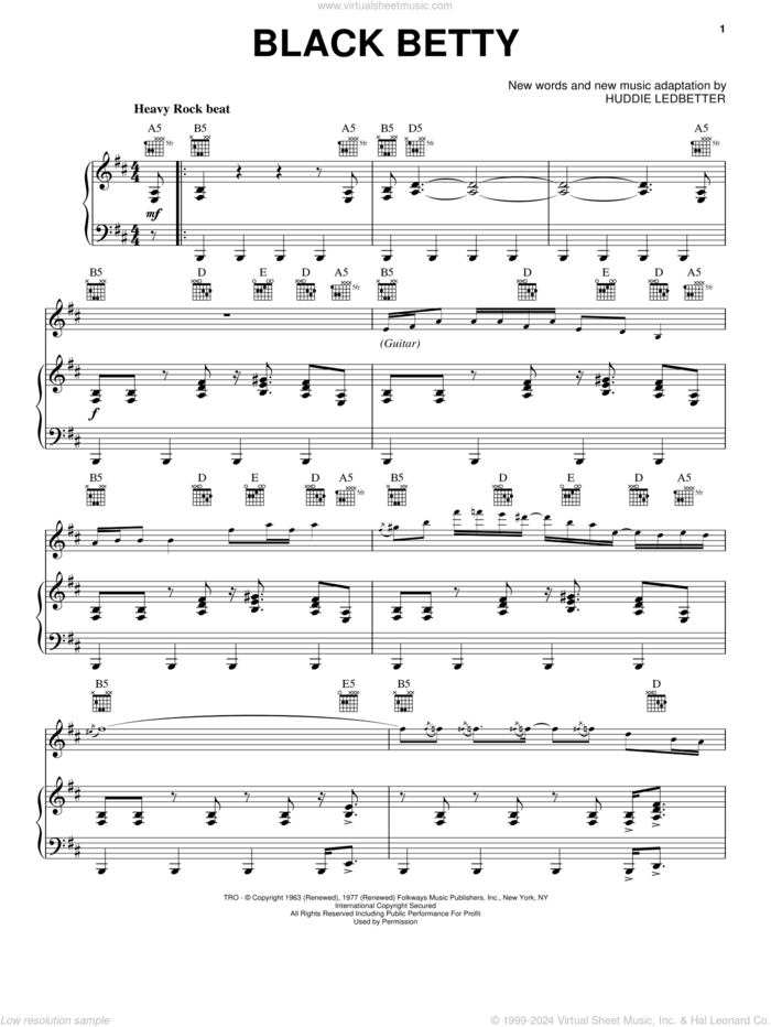 Black Betty sheet music for voice, piano or guitar by Huddie Ledbetter and Ram Jam, intermediate skill level