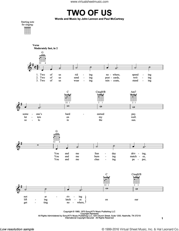 Two Of Us sheet music for guitar solo (chords) by The Beatles, John Lennon and Paul McCartney, easy guitar (chords)