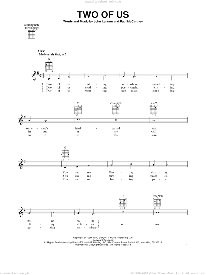 Two Of Us sheet music for guitar solo (chords) by The Beatles, John Lennon and Paul McCartney, easy guitar (chords)