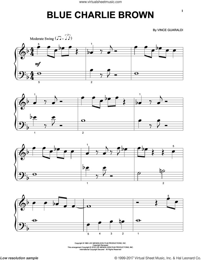 Blue Charlie Brown, (beginner) sheet music for piano solo by Vince Guaraldi, beginner skill level