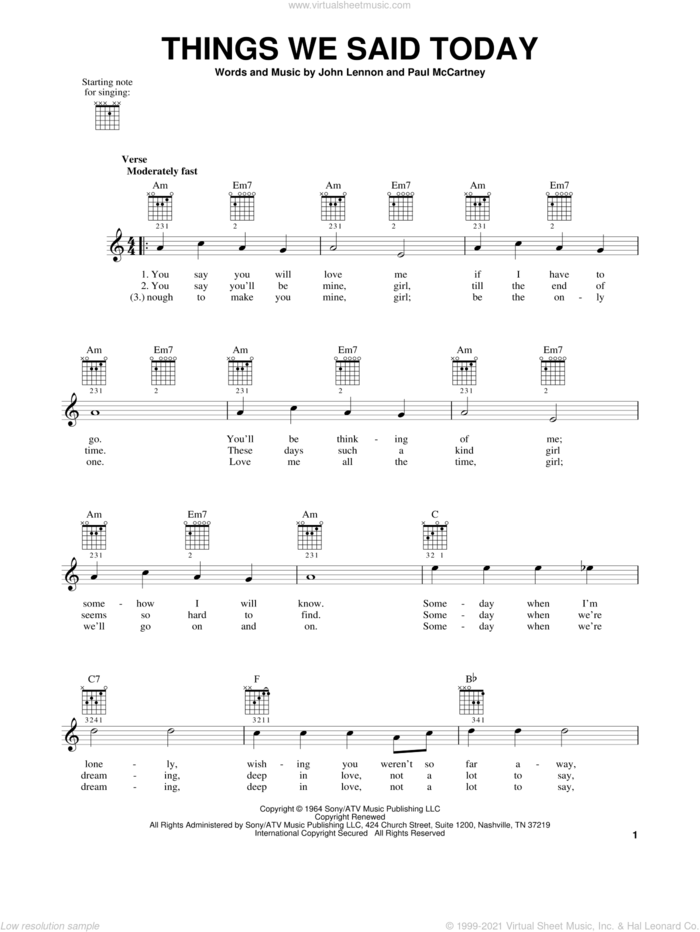 Things We Said Today sheet music for guitar solo (chords) by The Beatles, John Lennon and Paul McCartney, easy guitar (chords)