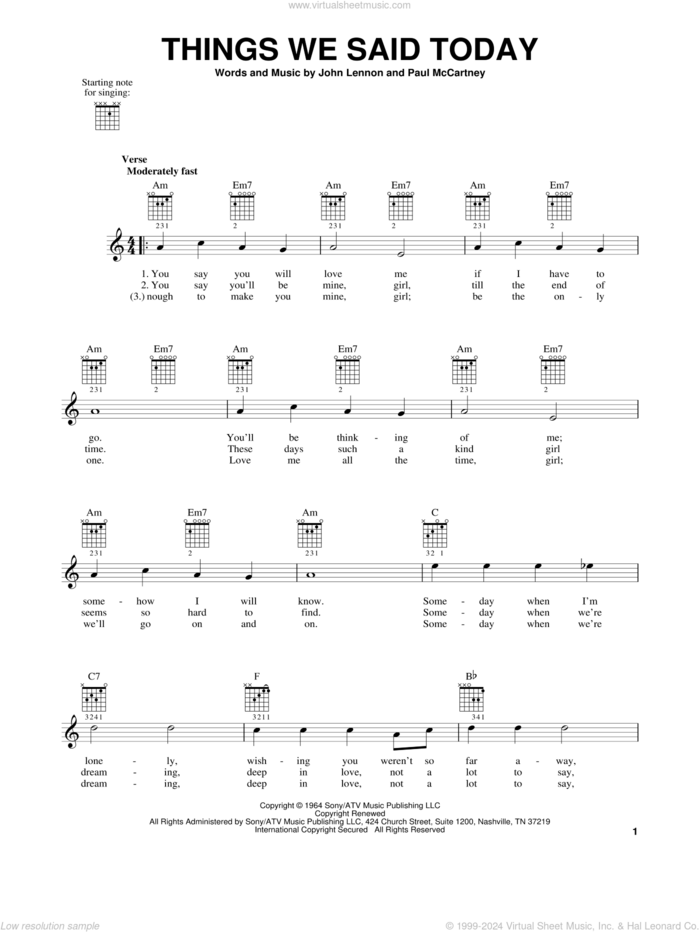 Things We Said Today sheet music for guitar solo (chords) by The Beatles, John Lennon and Paul McCartney, easy guitar (chords)