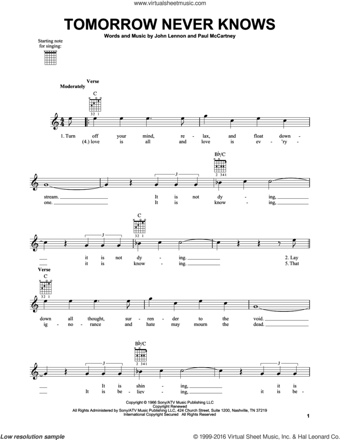 Tomorrow Never Knows sheet music for guitar solo (chords) by The Beatles, John Lennon and Paul McCartney, easy guitar (chords)
