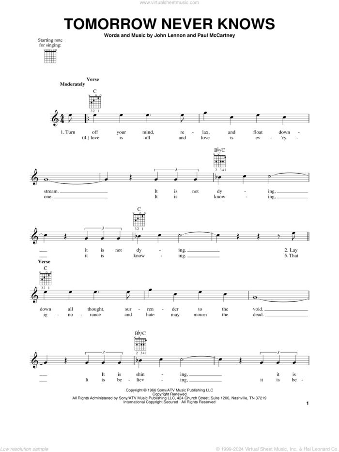 Tomorrow Never Knows sheet music for guitar solo (chords) by The Beatles, John Lennon and Paul McCartney, easy guitar (chords)