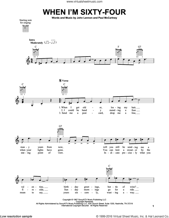When I'm Sixty-Four sheet music for guitar solo (chords) by The Beatles, John Lennon and Paul McCartney, easy guitar (chords)