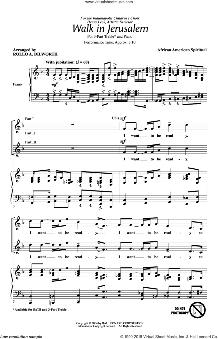 Walk In Jerusalem sheet music for choir (3-Part Treble) by Rollo Dilworth, intermediate skill level