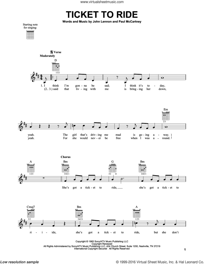 Ticket To Ride sheet music for guitar solo (chords) by The Beatles, Carpenters, John Lennon and Paul McCartney, easy guitar (chords)