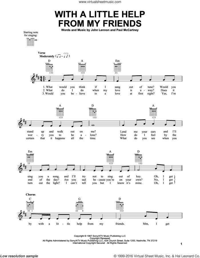 With A Little Help From My Friends sheet music for guitar solo (chords) by The Beatles, Joe Cocker, Sam And Mark, John Lennon and Paul McCartney, easy guitar (chords)