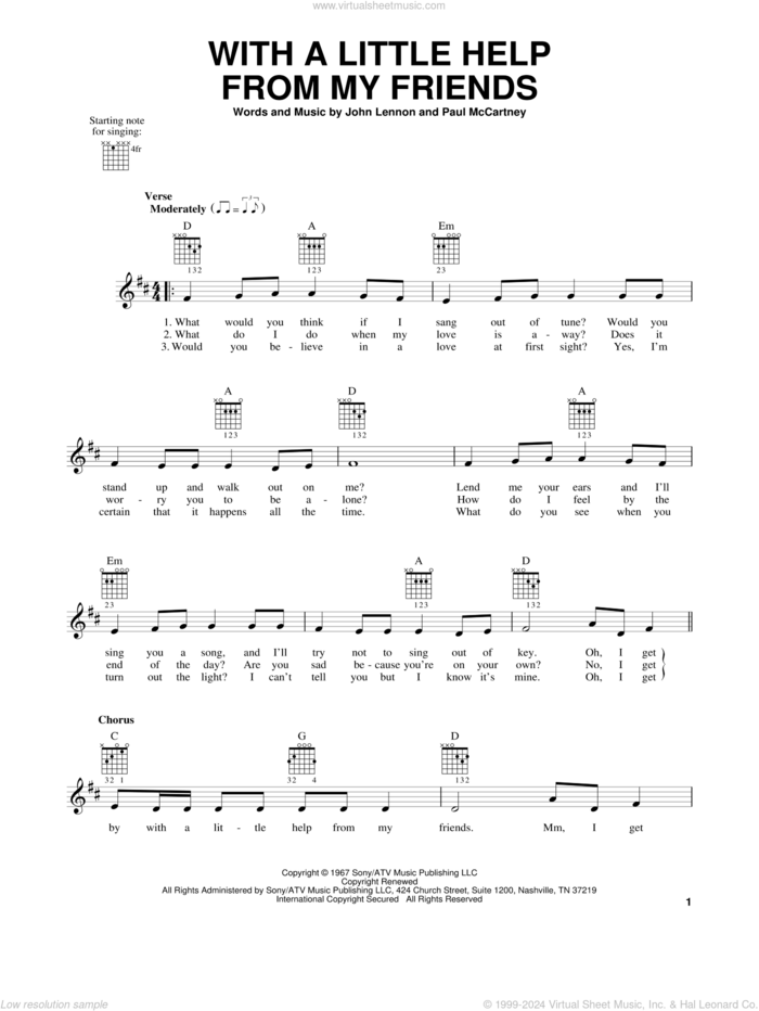 With A Little Help From My Friends, (easy) sheet music for guitar solo (chords) by The Beatles, Joe Cocker, Sam And Mark, John Lennon and Paul McCartney, easy guitar (chords)