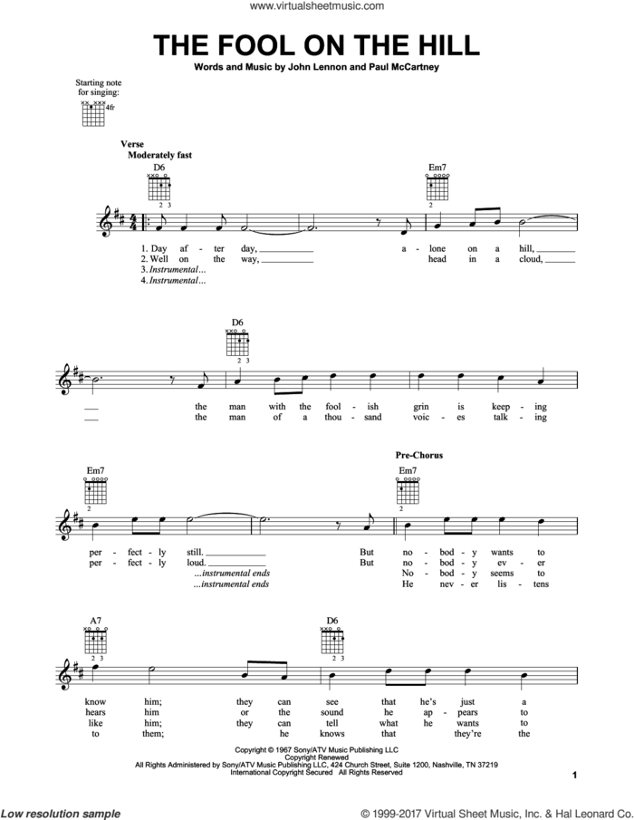 The Fool On The Hill sheet music for guitar solo (chords) by The Beatles, John Lennon and Paul McCartney, easy guitar (chords)
