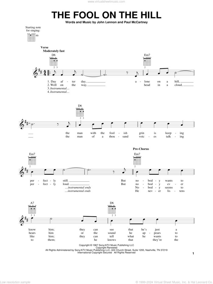 The Fool On The Hill sheet music for guitar solo (chords) by The Beatles, John Lennon and Paul McCartney, easy guitar (chords)