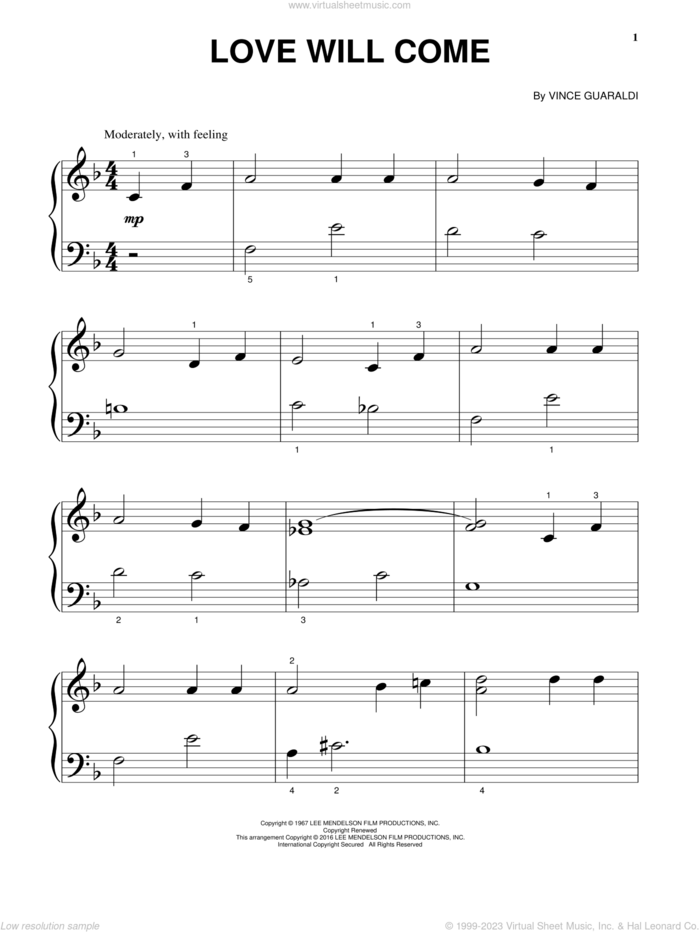 Love Will Come, (beginner) sheet music for piano solo by Vince Guaraldi, beginner skill level