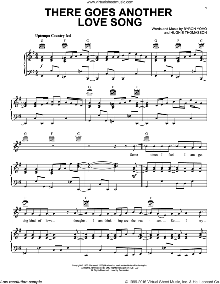 There Goes Another Love Song sheet music for voice, piano or guitar by Outlaws, Byron Yoho and Hugh Thomasson Jr., intermediate skill level