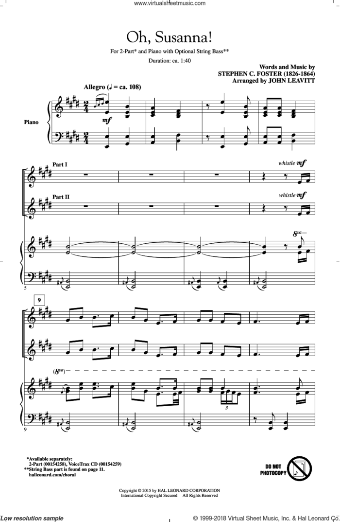 Oh! Susanna sheet music for choir (2-Part) by Stephen Foster and John Leavitt, intermediate duet