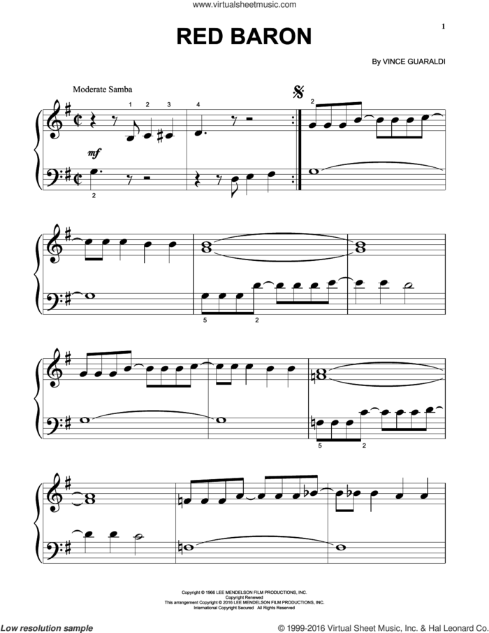 Red Baron, (beginner) sheet music for piano solo by Vince Guaraldi, beginner skill level