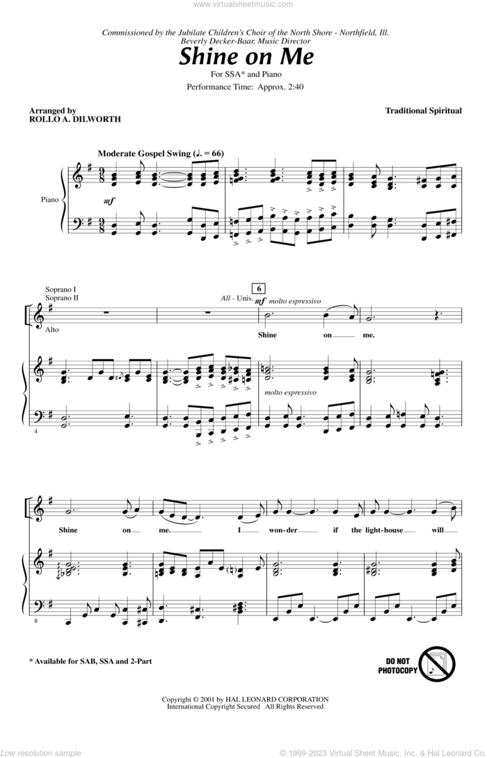 Shine On Me sheet music for choir (SSA: soprano, alto) by Rollo Dilworth, intermediate skill level