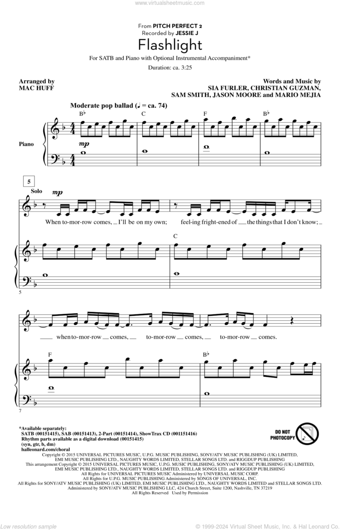 Flashlight (arr. Mac Huff) sheet music for choir (SATB: soprano, alto, tenor, bass) by Sam Smith, Mac Huff, Jessie J, Sia, Christian Guzman, Jason Moore, Mario Mejia and Sia Furler, intermediate skill level