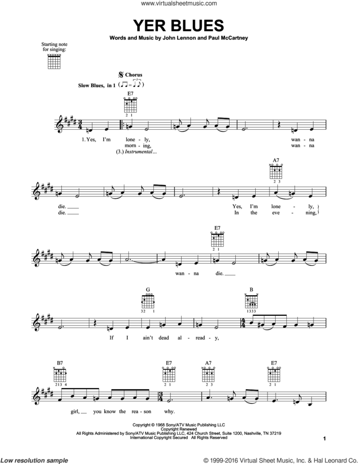 Yer Blues sheet music for guitar solo (chords) by The Beatles, John Lennon and Paul McCartney, easy guitar (chords)