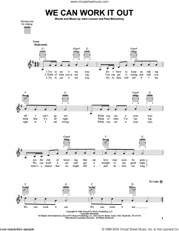 We Can Work It Out sheet music for guitar solo (chords) by The Beatles, John Lennon and Paul McCartney, easy guitar (chords)