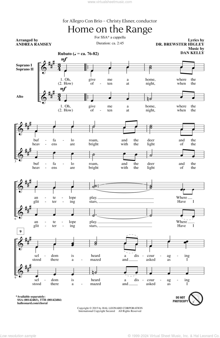 Home On The Range sheet music for choir (SSA: soprano, alto) by Dan Kelly, Andrea Ramsey and Dr. Brewster Higley, intermediate skill level