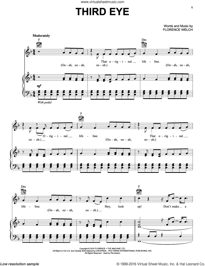 Third Eye sheet music for voice, piano or guitar by Florence And The Machine and Florence Welch, intermediate skill level