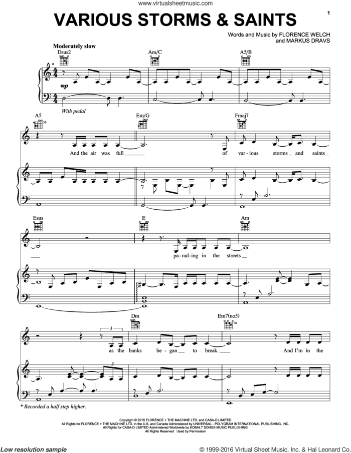 Various Storms And Saints sheet music for voice, piano or guitar by Florence And The Machine, Florence Welch and Markus Dravs, intermediate skill level