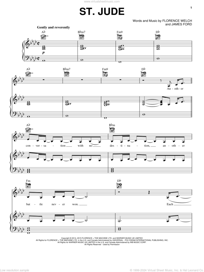 St. Jude sheet music for voice, piano or guitar by Florence And The Machine, Florence Welch and James Ford, intermediate skill level