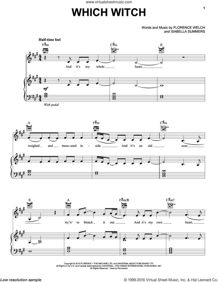 Which Witch sheet music for voice, piano or guitar by Florence And The Machine, Florence Welch and Isabella Summers, intermediate skill level