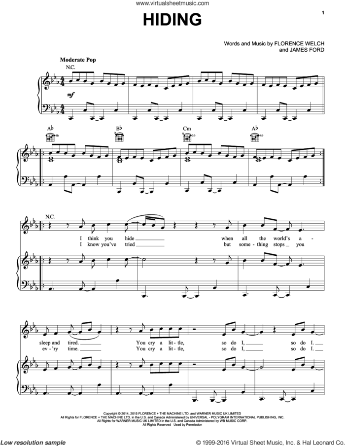 Hiding sheet music for voice, piano or guitar by Florence And The Machine, Florence Welch and James Ford, intermediate skill level