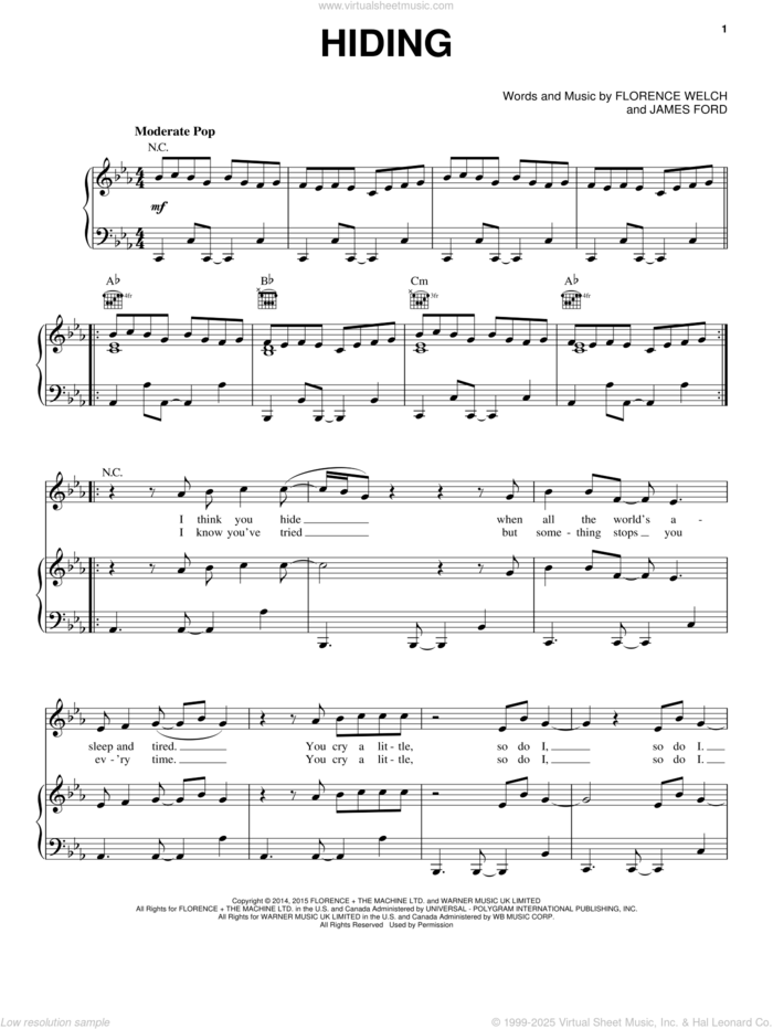 Hiding sheet music for voice, piano or guitar by Florence And The Machine, Florence Welch and James Ford, intermediate skill level